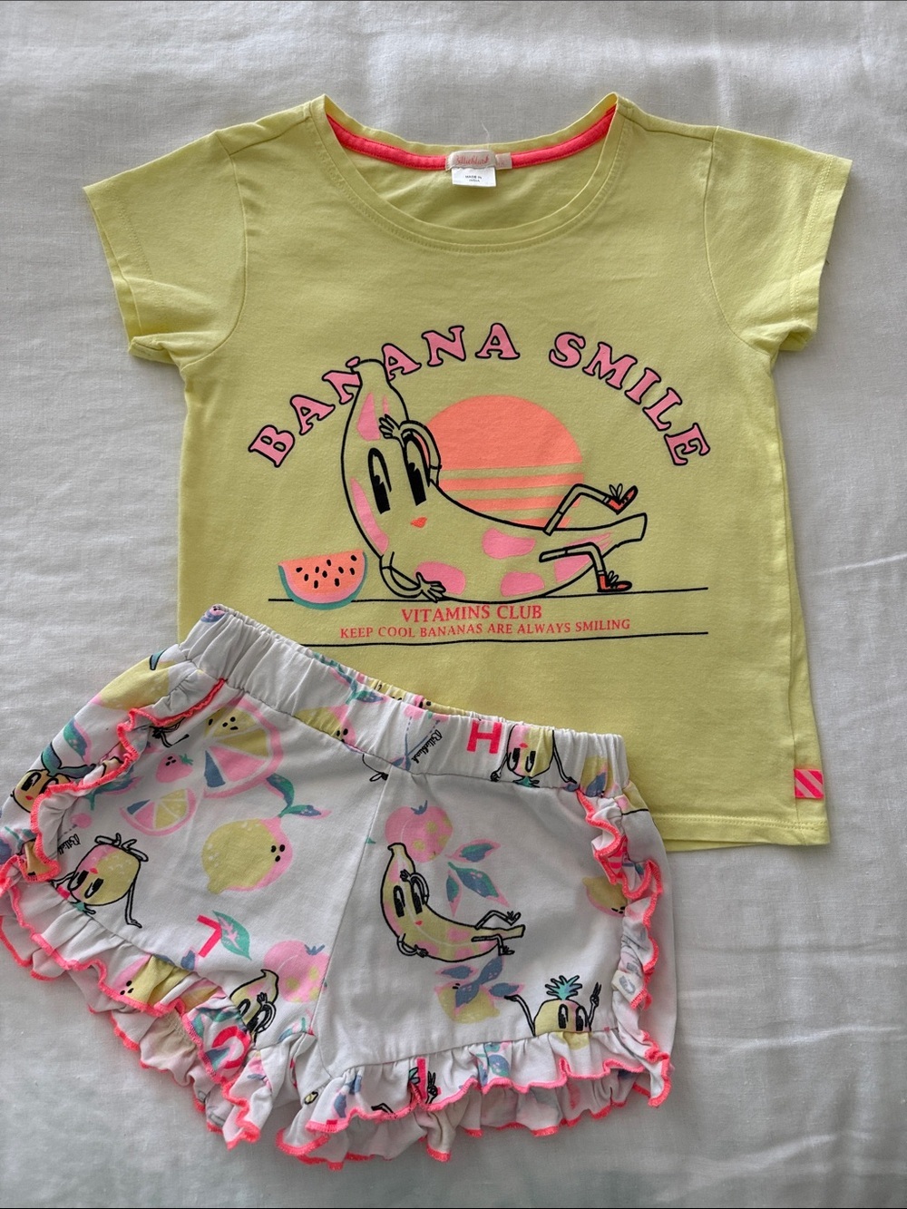 Billieblush Yellow & Pink Banana Smile Tee and Fruit Ruffle Shorts Set sz 6